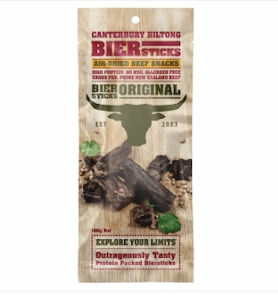 Packaging of Canterbury Biltong Bier Sticks with beef sticks and branding details.