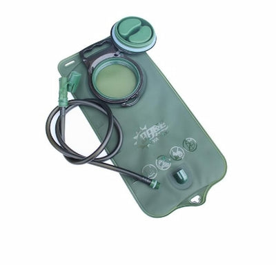 Green hydration bladder with hose on a white background