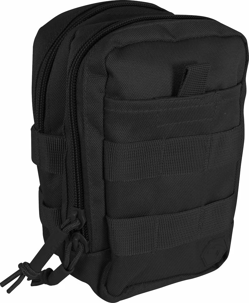 Black tactical pouch with multiple straps on a white background