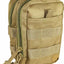 Tan tactical pouch with multiple pockets and a zipper on a white background