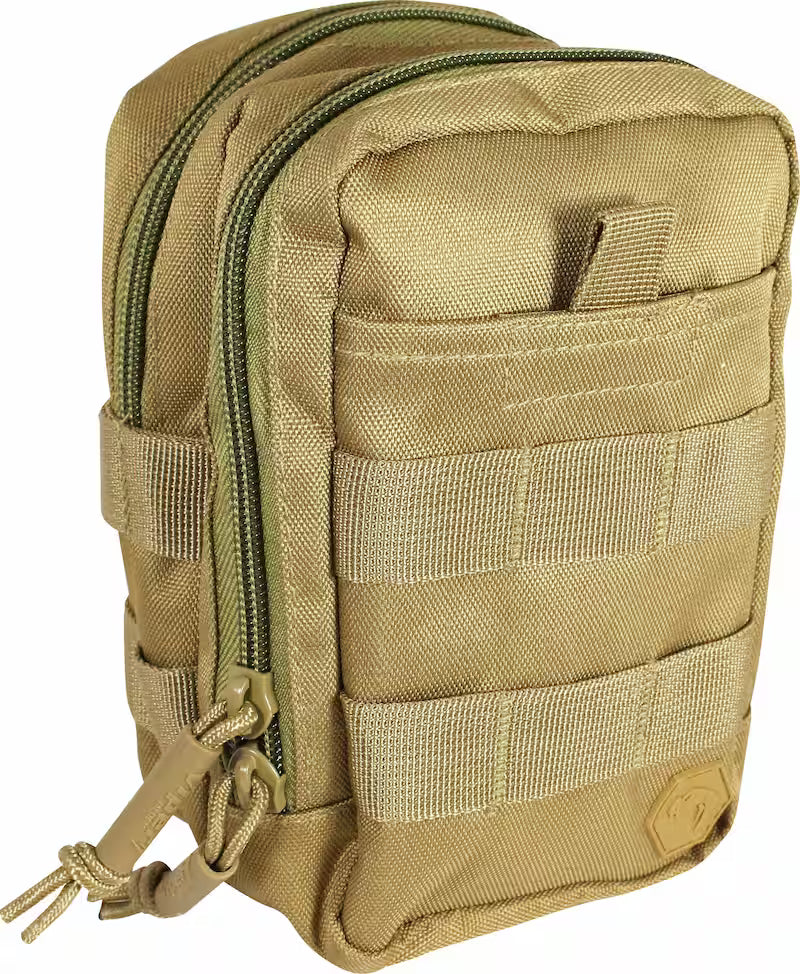 Tan tactical pouch with multiple pockets and a zipper on a white background