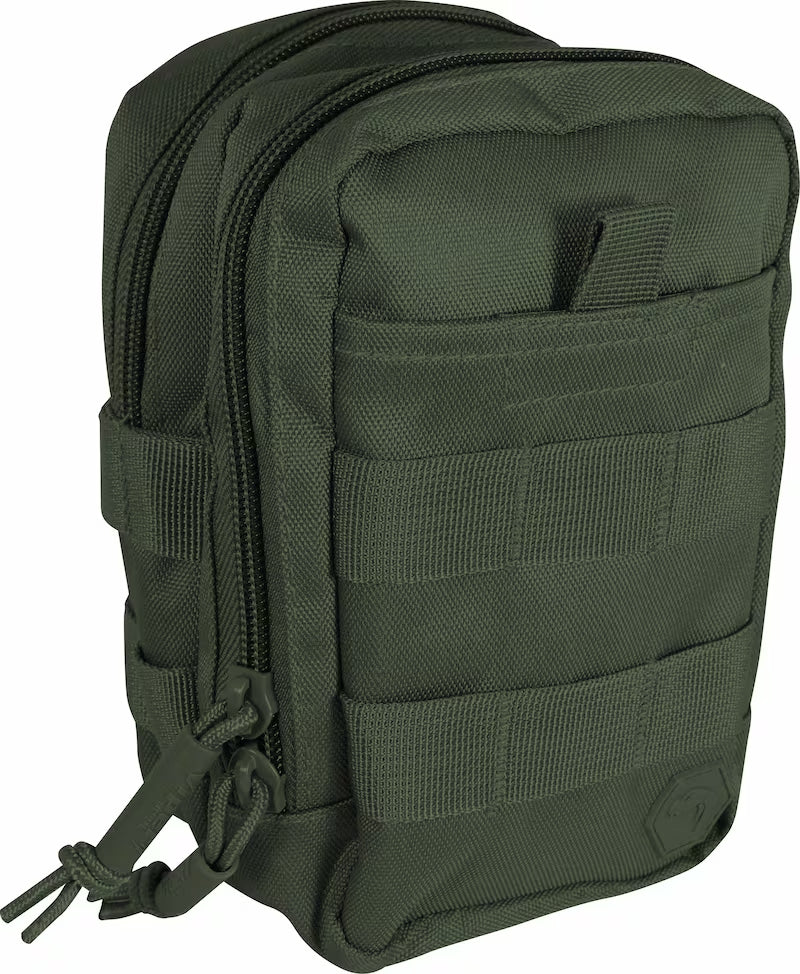 Green tactical pouch with multiple compartments on a white background