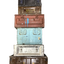 Stack of vintage suitcases with different colors and textures on a white background
