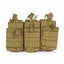 Three tan tactical pouches stacked on a white background
