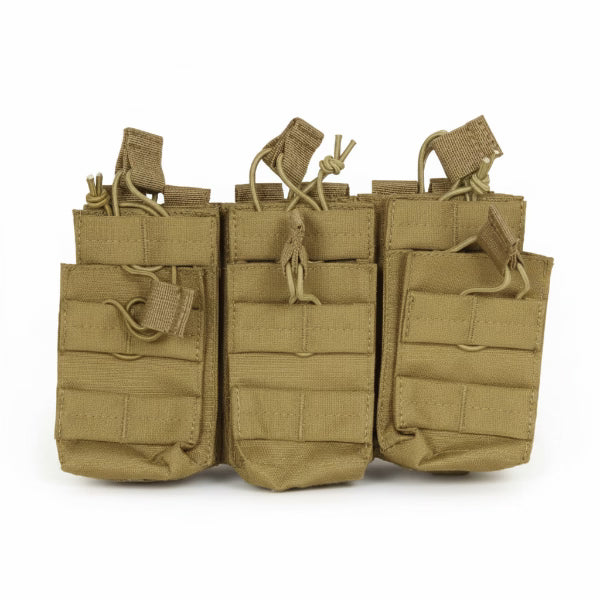 Three tan tactical pouches stacked on a white background