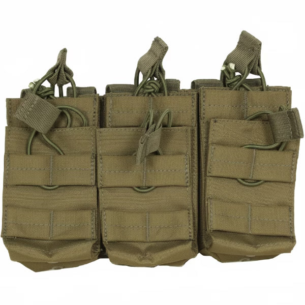 Khaki tactical magazine pouch with multiple pockets on a white background