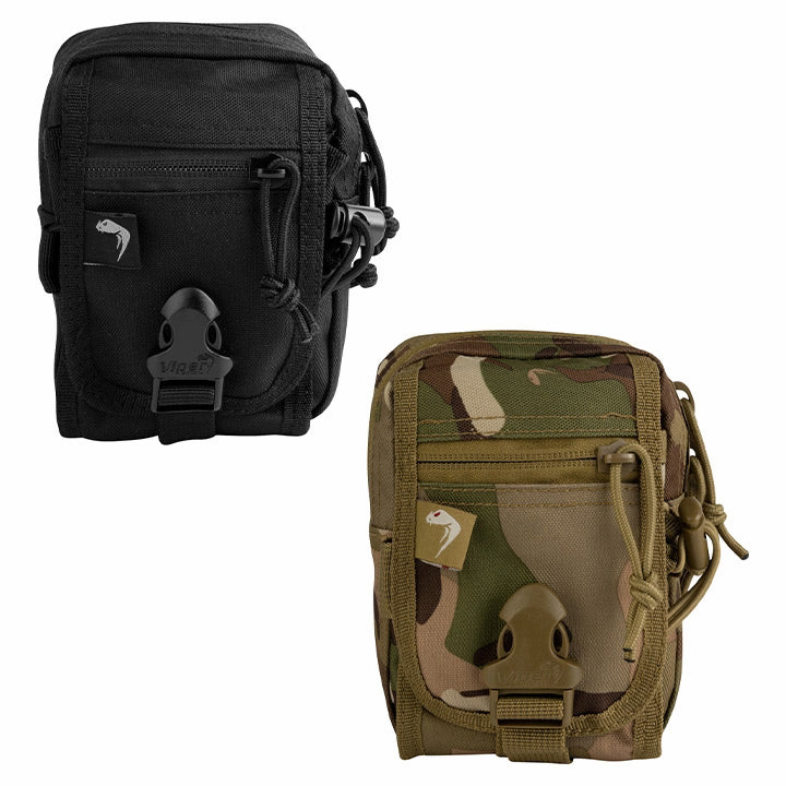 Black and camouflage tactical pouches on a white background