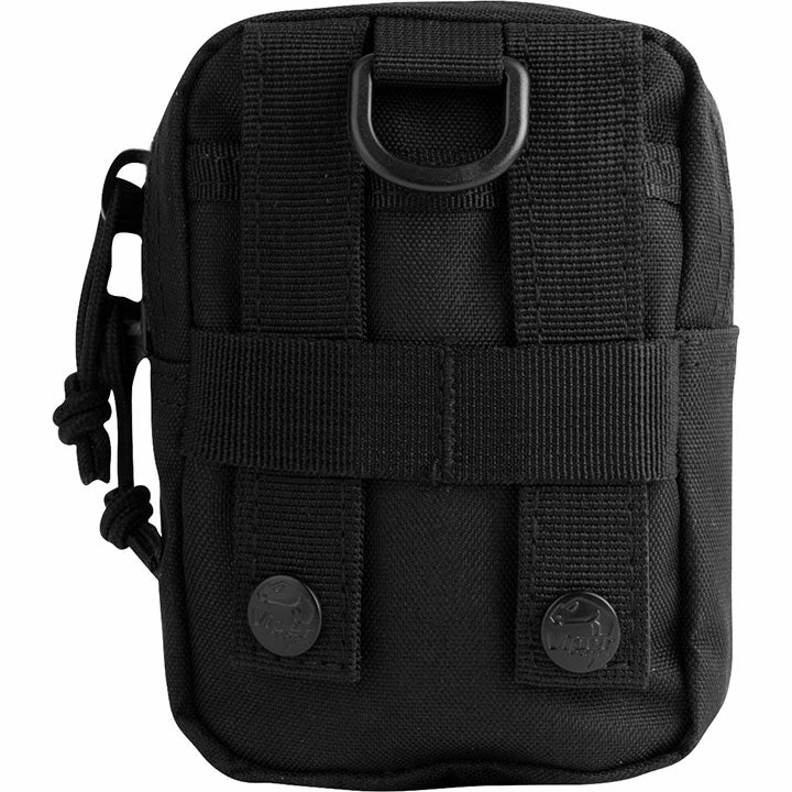 Black tactical pouch with multiple straps and buckles on a white background