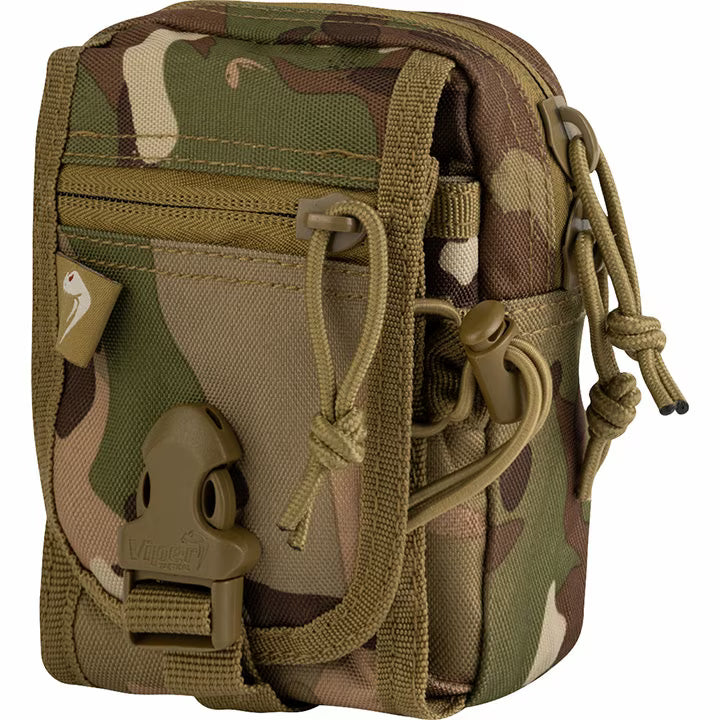 Camouflage pouch with multiple pockets and straps on a white background