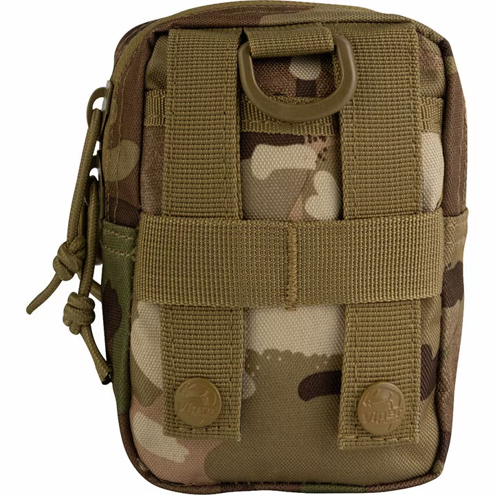 Camouflage tactical pouch with multiple straps on a white background