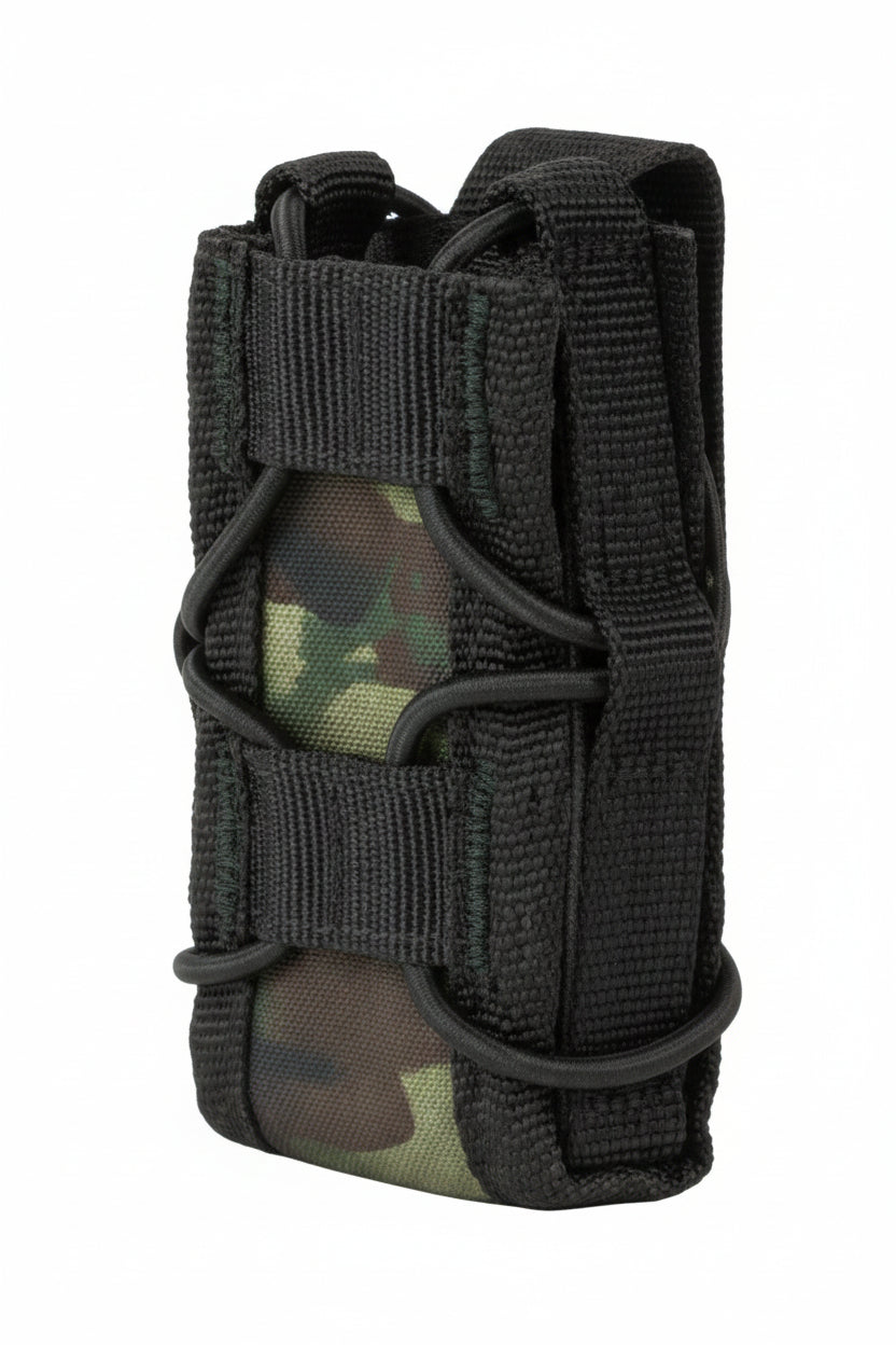 Black tactical magazine pouch with green interior on a white background