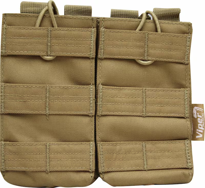 Tan tactical magazine pouch with Velcro straps on a white background, featuring a visible brand logo.