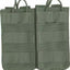 Two green tactical pouches with multiple straps on a white background