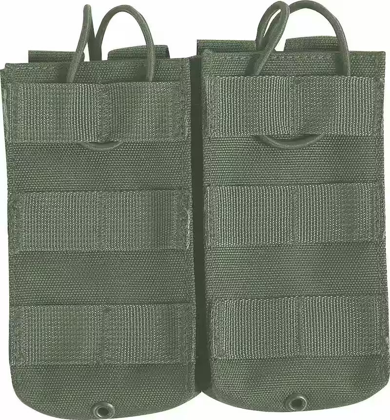 Two green tactical pouches with multiple straps on a white background