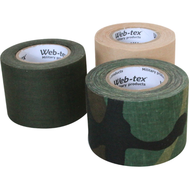 Three rolls of Web-tex military tape in different colors on a white background