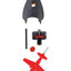 Set of mechanical components including a black rubber gasket, red tool, and other parts on a white background