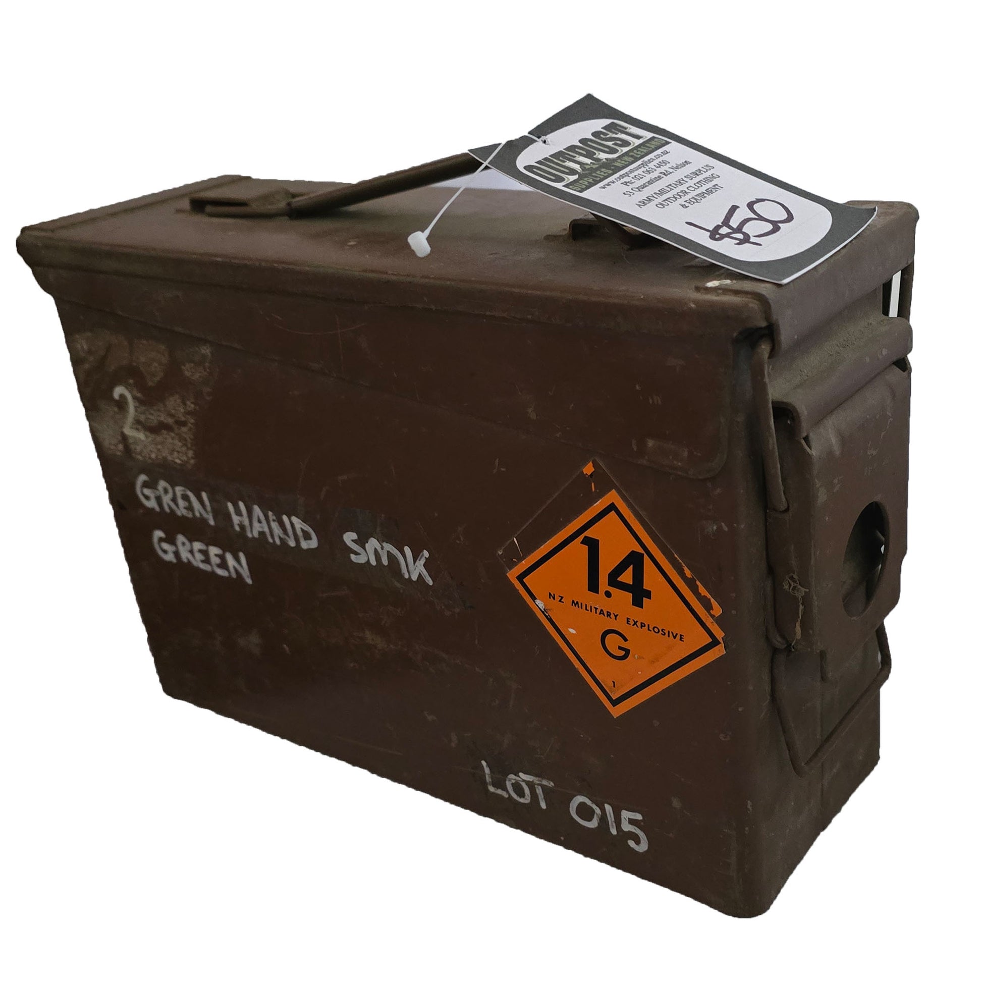 old brown metal ammunition tin, 30 cal size