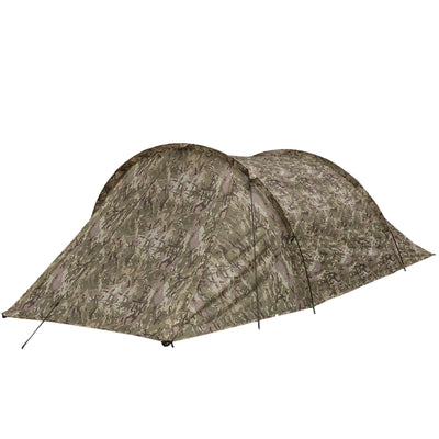 camouflage tent pitched with white background
