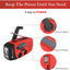 Red and black emergency radio with power generation methods on a white background