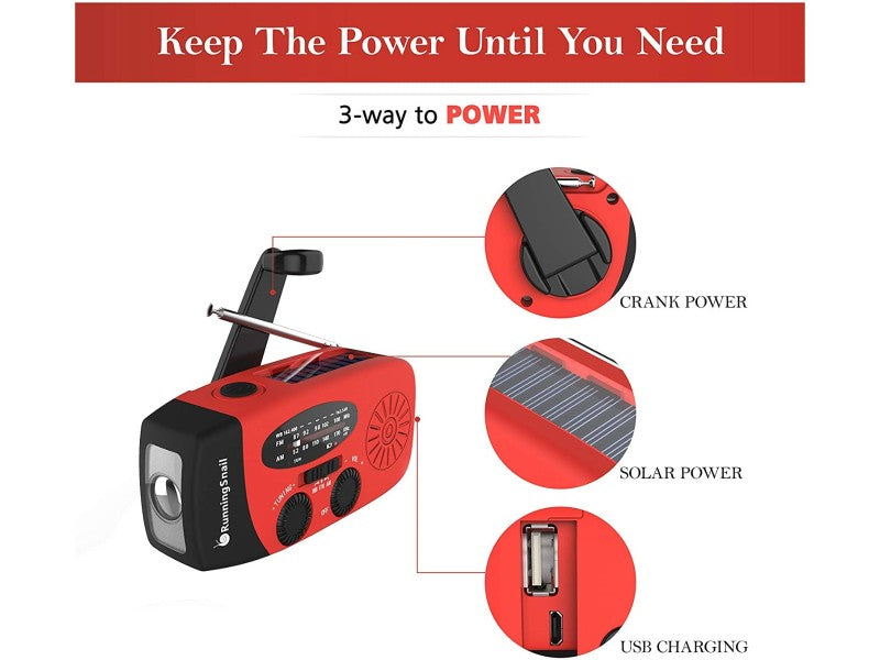 Red and black emergency radio with power generation methods on a white background