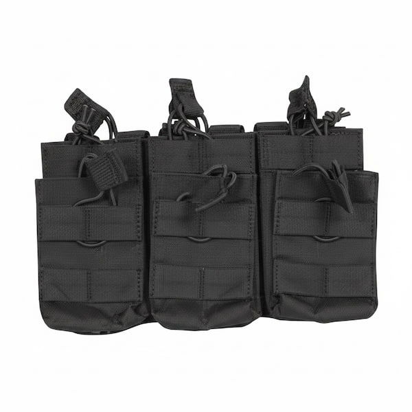 Three black tactical magazine pouches on a white background