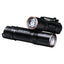 Two black flashlights with visible branding on a white background