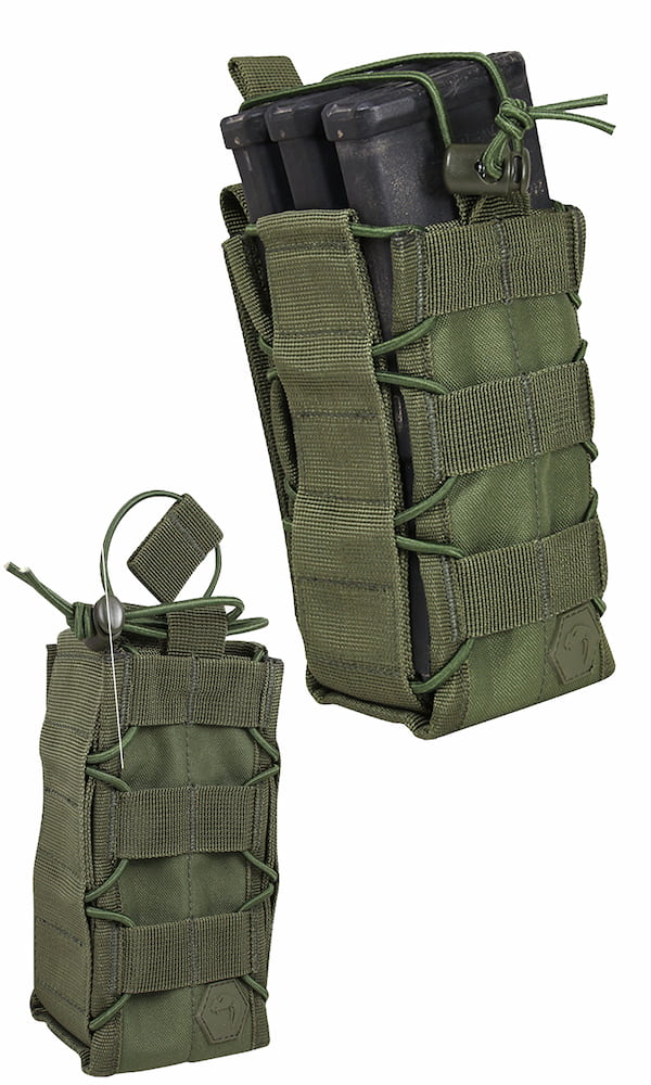 Green tactical magazine pouches on a white background