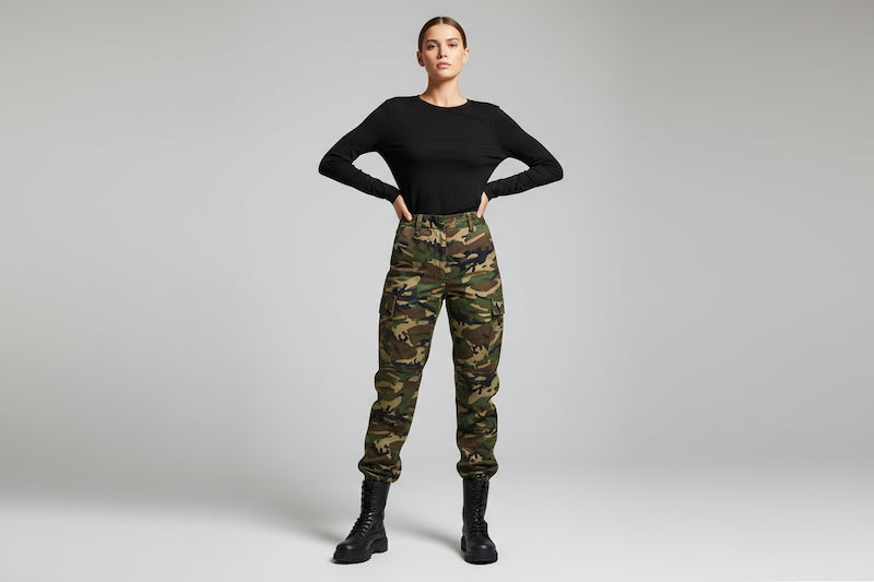 Person wearing black top and camouflage pants on a plain background