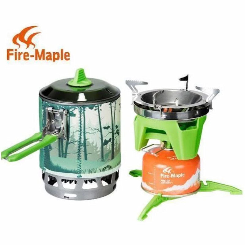 Two camping stoves with a green and orange design, featuring the Fire-Maple brand logo.