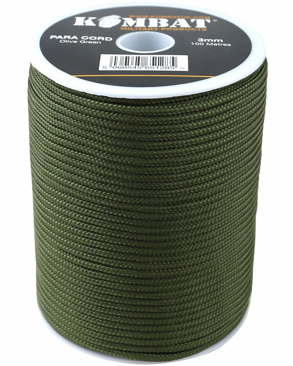 Spool of olive green para cord with Kombat label on a white background