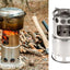 Two images of a camping stove; one in use with fire and the other showing the metal design.