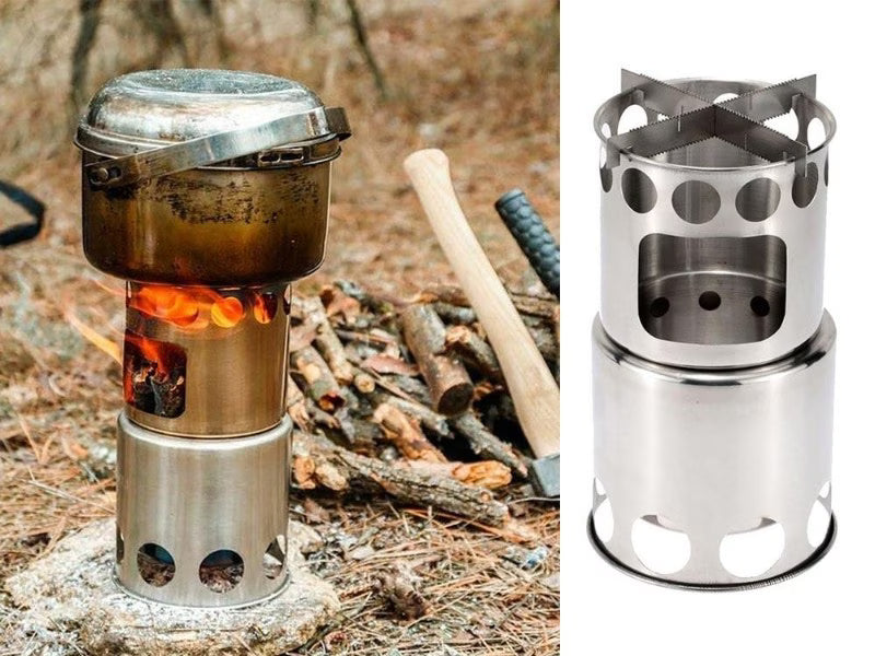 Two images of a camping stove; one in use with fire and the other showing the metal design.