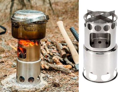 Two images of a camping stove; one in use with fire and the other showing the metal design.