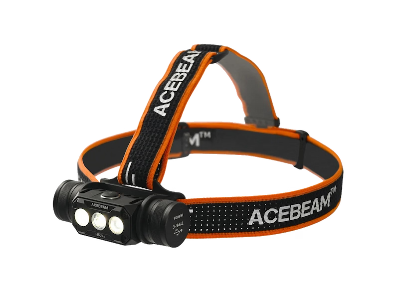 Acebeam headlamp with orange and black strap on a white background