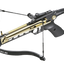 Black crossbow with gold accents on a white background