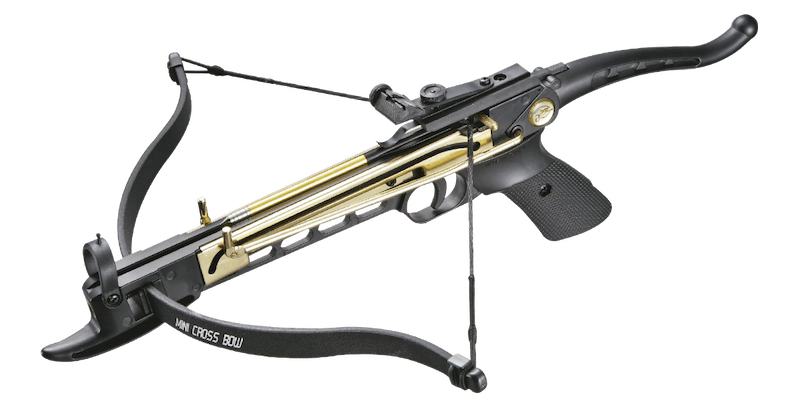 Black crossbow with gold accents on a white background