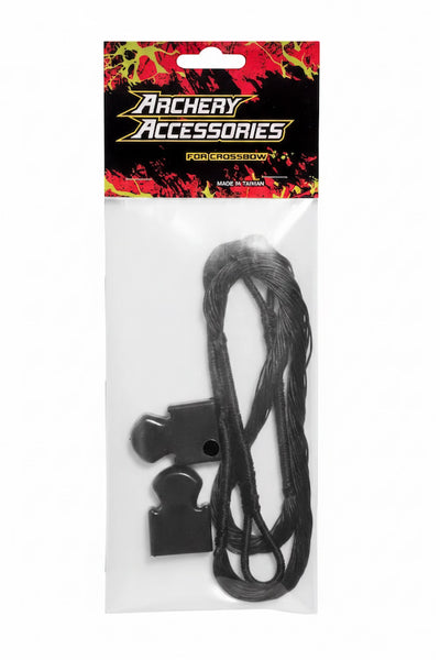 Archery accessories package containing a black nocked bowstring and black bow stopper, sealed in a clear plastic bag with a black, red, and yellow 'Archery Accessories' header card.