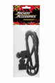Archery accessories package containing a black nocked bowstring and black bow stopper, sealed in a clear plastic bag with a black, red, and yellow 'Archery Accessories' header card.