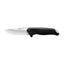 Folding knife with black handle and silver blade on a white background
