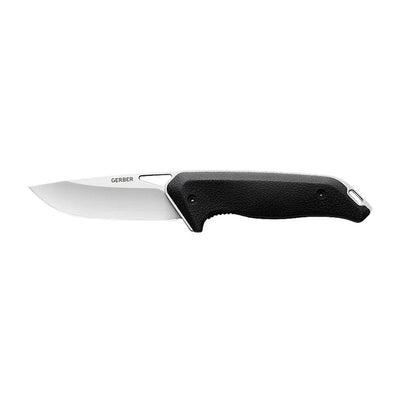 Folding knife with black handle and silver blade on a white background
