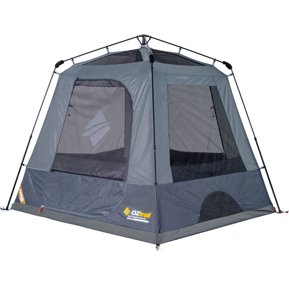 Gray camping tent with black accents on a white background, featuring the Oztrail brand.