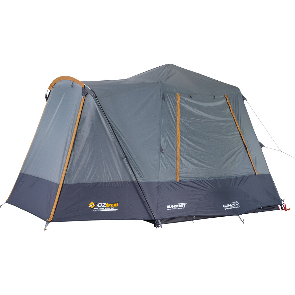 Gray camping tent with orange accents on a white background