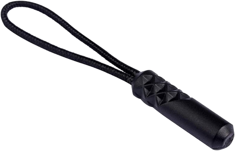 Black leather whip with decorative handle on a white background