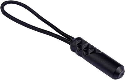 Black leather whip with decorative handle on a white background