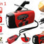 Red and black 3-in-1 emergency device with radio, power bank, flashlight functions and solar charging feature.