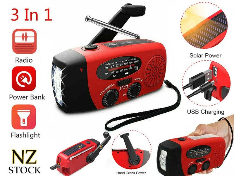 Red and black 3-in-1 emergency device with radio, power bank, flashlight functions and solar charging feature.