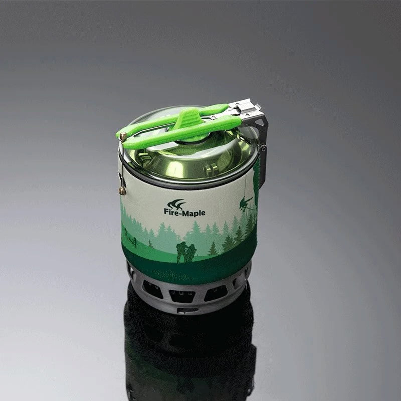 Camping stove with green lid and handle on a gray background