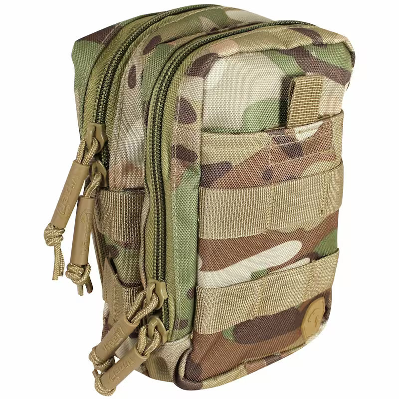 Camouflage tactical pouch with multiple zippers on a white background