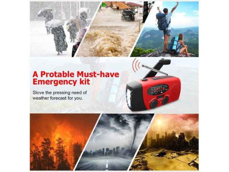 Emergency kit advertisement with images of natural disasters and a portable radio.