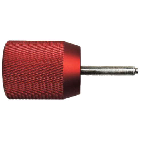 A red CO2 cartridge charger with a metal body and a textured grip.